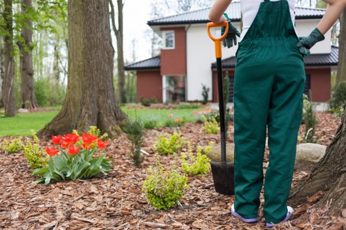 A person dressed in green gardening overalls is standing in a landscaped garden in Elephant and Castle, London, with their back to the camera, holding a garden trowel. The garden features a freshly mulched flower bed with vibrant red tulips and small green shrubs, bordered by a well-maintained lawn. In the background, there are tall trees with bare trunks, indicating early spring or late autumn, and a modern red-brick house with white window frames. The outdoor space appears tidy and cared for, with natural lighting suggesting a clear, sunny day. The scene exemplifies typical garden maintenance activities that Landscapers Elephant and Castle provides, such as planting, mulching, and general outdoor upkeep, supporting local gardening and landscaping services in the London Borough of Southwark.
